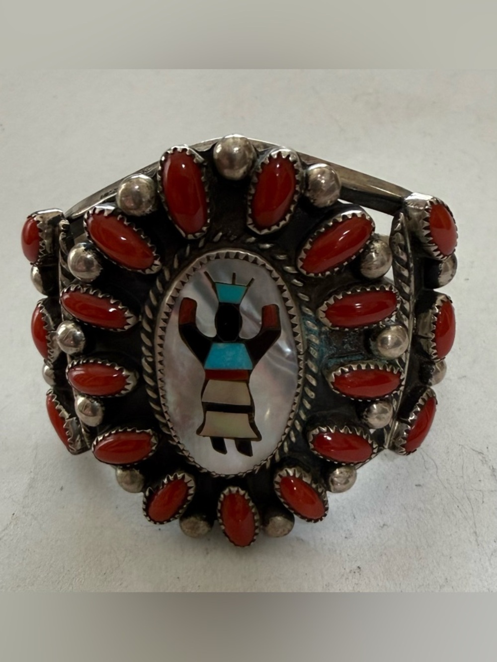 NAVAJO RHB Roland Hogan BEGAY Sterling & Coral MOP Inlaid Kachina  Cuff Bracelet